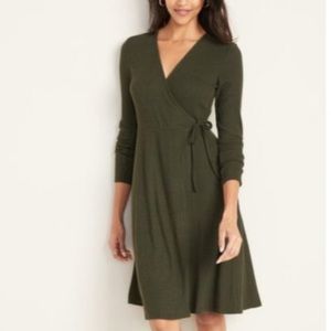 Rib-Knit V-Neck Midi Wrap Dress